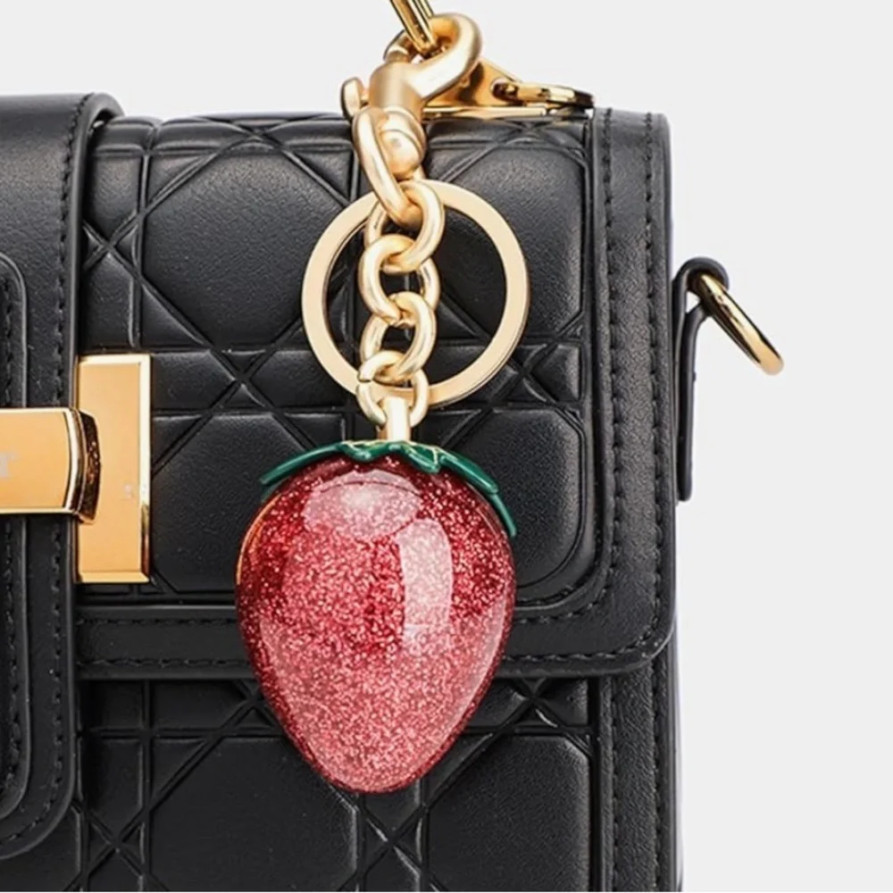 Red Strawberry purse charm Keychain with gold hardware clip perfectly cute